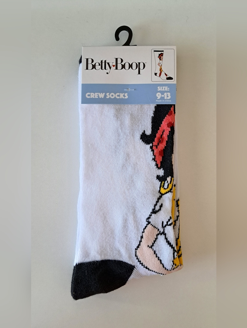 Betty Boop White Crew Socks with Character Design - Size 9-13
